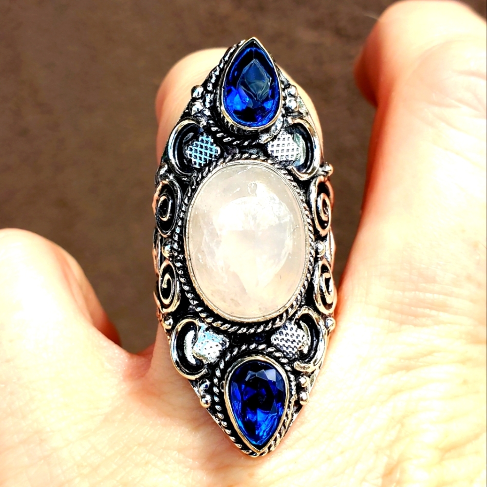 New Rose Quartz and Blue Topaz 925 Silver Ring.
